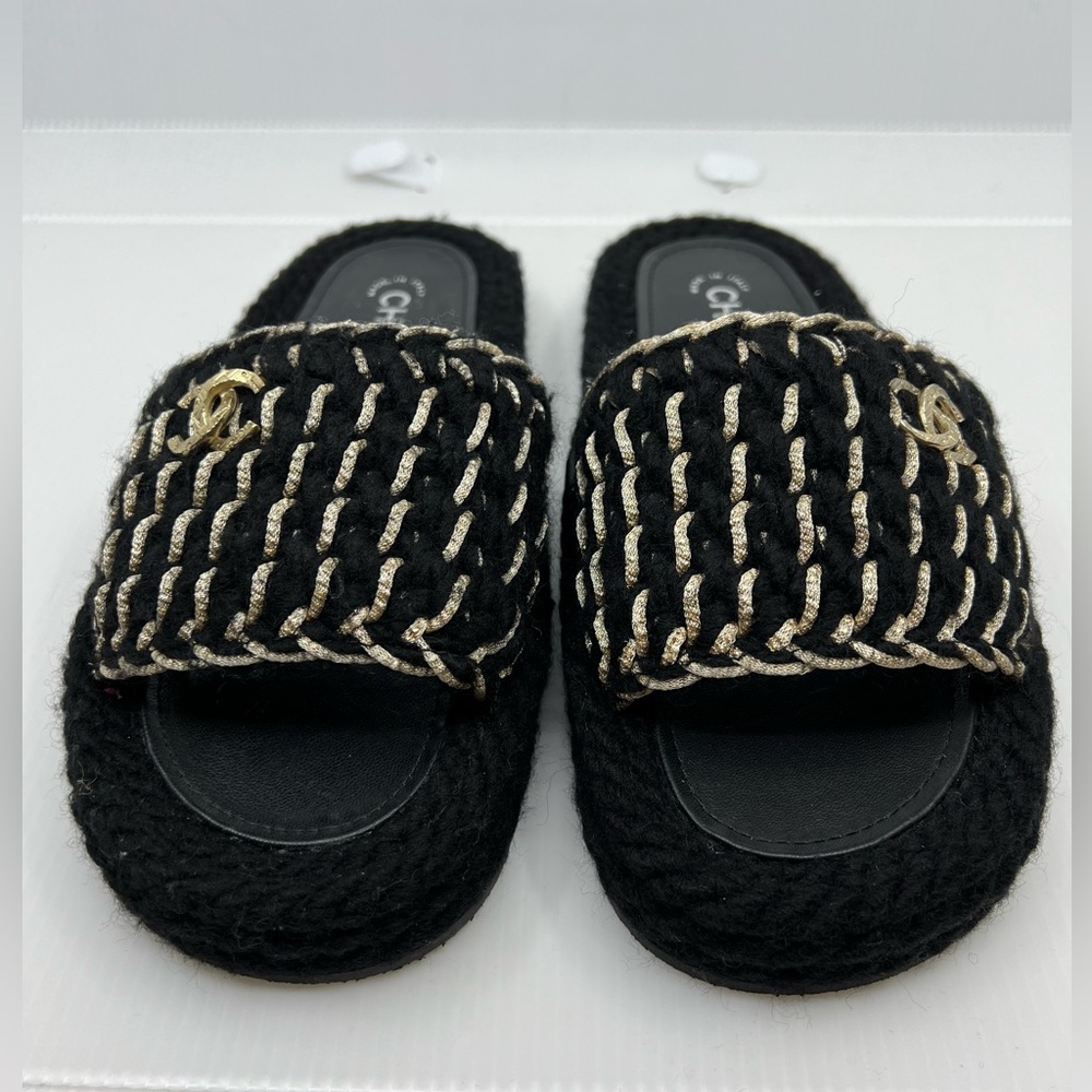 Chanel 2022 CC Black Knit Slide Sandals